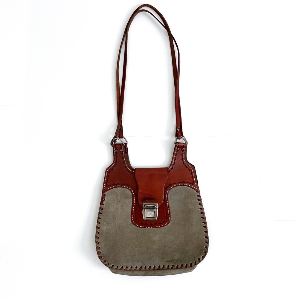Vintage Boho Western Gray Suede Tooled Leather Crossbody